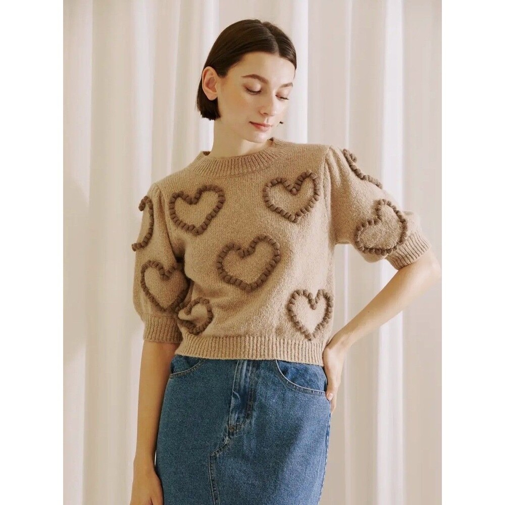 Storia Anthropologie Beige Wool Blend Short Sleeve Sweater Hearts Women Size M